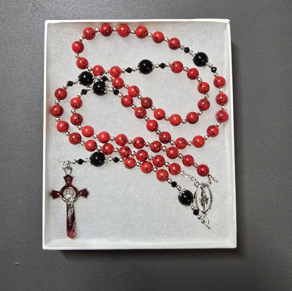 Large One Of A Kind Hand Crafted Rosary Made With Red Turquoise And Onyx